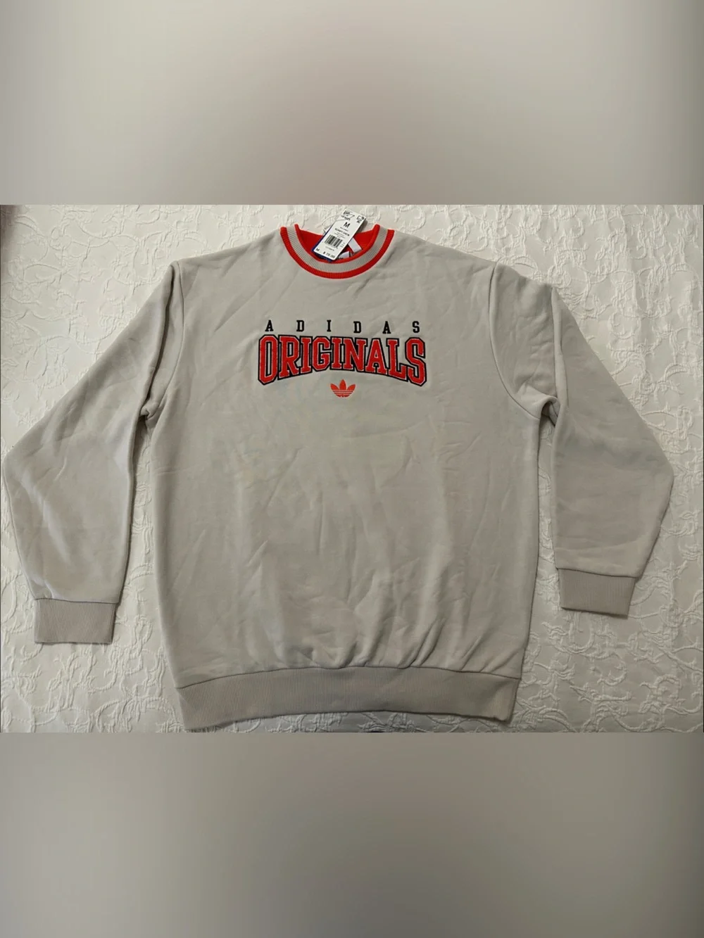 adidas Beige Varsity Crewneck Sweatshirt with Orange Logo and Trim